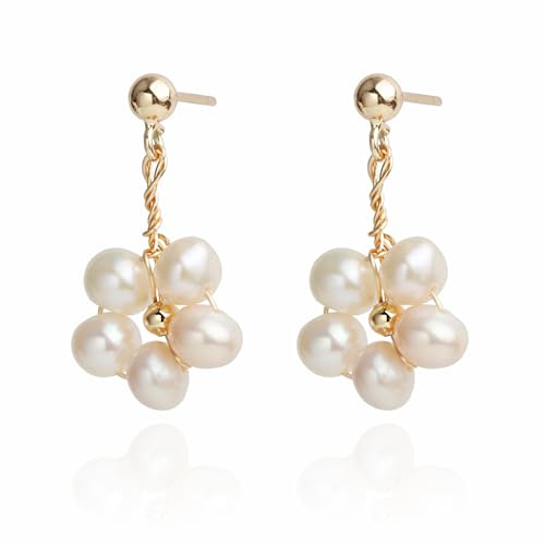 Handmade Wire Craft Freshwater Cultured Pearls Flower Dangling Drop Earrings, Sterling Silver Posts