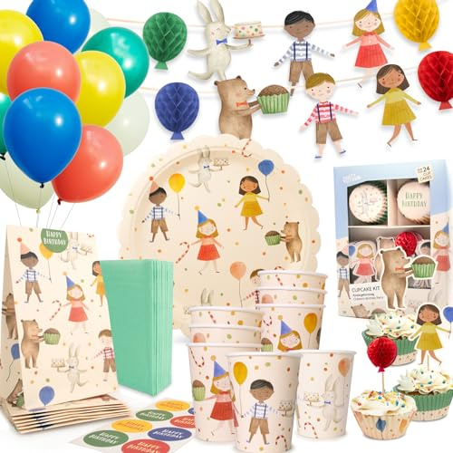 PARTY PARTY 105 Teile Kindergeburtstag Deko 8 Kinder GESCHENKTÜTEN + PARTYGESCHIRR + CUPCAKE TOPPER + GIRLANDE + BALLONS, Waldtier Geburtstag Vintage Stil Hase Bär, Geburtstag Jungen Mädchen Kleinkind