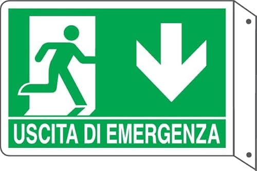 GLOBAL CARTELLO SEGNALETICO BIFACCIALE - USCITA DI EMERGENZA VERSO IL BASSO - In Alluminio Con Stampa Diretta U.V. (IDEALE ANCHE PER ESTERNO) (20X31 CM)