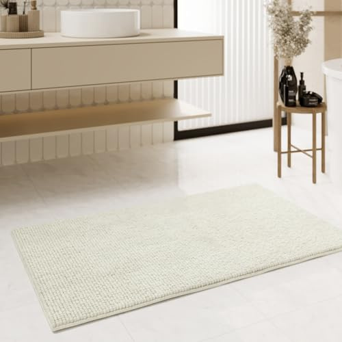Moderner Chenille Badteppich von WECONhome Basics - rutschfest, Waschbar, Saugfähig - Stilvoll für jedes Badezimmer – Balu (60 x 100 cm, Elfenbein)