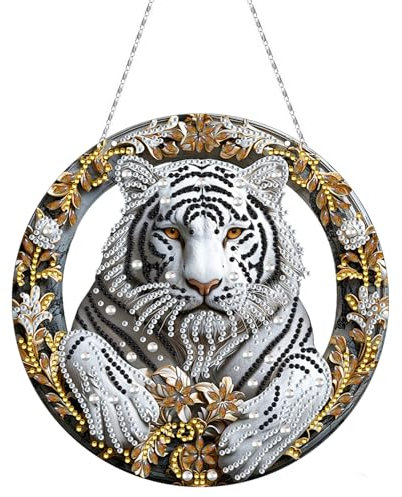 CXINLky DIY Diamond Painting Pendentif avec chaîne, peinture diamant images de fenêtre, peinture diamant créative 5D kits de décoration murale pour fenêtre mur entrée jardin décor-04-Tigre blanc