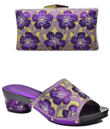 Fjnbbiot Violettes Damenschuhe und Taschen-Set, Schuhe und Taschen, passend zu Schuhen mit Tasche, verziert mit Strasssteinen, lila Schuhen und Tasche, 38