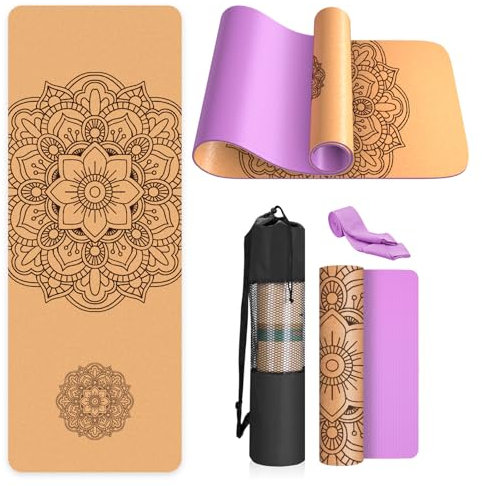 Haninj® Yogamatte-Kork, Rutschfest, Einzigartiges Design, Extradick Natürlicher Kork, TPE Fitness-Trainingsmatte mit Tragetasche und Gurt, für Zuhause, Pilates, Aerobic Fitnessstudio und Workout