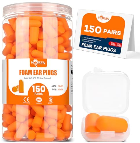 VOISEN 150 Pairs Foam Ear Plugs, Ear Plugs for Sleeping Noise Cancelling, 32dB NRR, 37dB SNR Earplugs for Sleeping, Snoring, Studying, Loud Events, Traveling & Concerts, A Storage Box, Orange