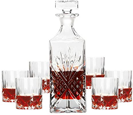 sjdoPulse Vin Rouge Verre Cristal 7 Pièces Bouteille + Tasses Vin 800Ml Whisky Vodka Bière Bouteille Pot Cruche Maison Bar Fête
