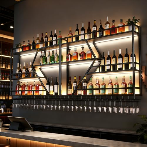 Wall Mounted Wine Rack, Modern Large Metal Wine Bottle Holder, Diamond Shaped Floating Bar Wine Storage Display Shelf Wine Glass Holder, Liquor Shelf, Bar Shelves(3 Layers BLACK, 200 * 20 * 85CM)