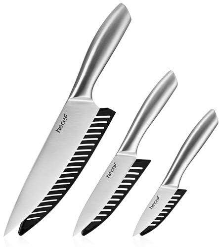 hecef Kitchen Knife Set of 3, Sharp Knives with Stainless Steel Blade & Hollow Handle, Chef Knife Set with Protective Blade Covers|Silver