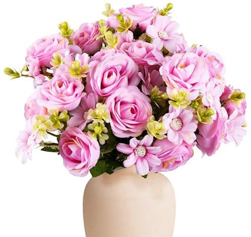 Foshird 4 Bündel Künstliche Blumen Rosen Rosa Deko Kunstblumen Wie Echt Seidenblumen Blumenstrauß Künstlich Fake Flowers Fake Blumen für Garten Geschenk Hochzeit Tischdeko Draußen Balkon