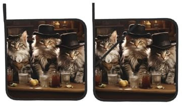 Quadratische isolierte Topflappen mit drei Katzen in Hüten, hitzebeständige Ofenhandschuhe, rutschfest, leicht zu reinigen, Mikrowellenhandschuhe zum Backen und Grillen