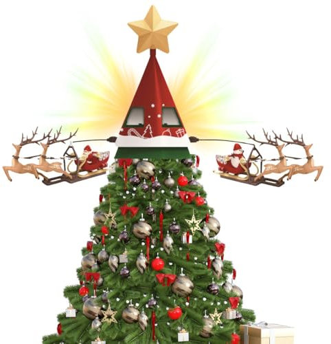 Glac Store Rotierende Weihnachtsbaumspitze mit rotierendem Schlitten, Rentieren, Schneemann und Weihnachtsmann, Musik LED und Sound