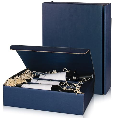 5x Flaschen Geschenkkarton Wein - Dunkelblau - für 3 Flaschen - Verpackung in hochwertiger Leinenoptik