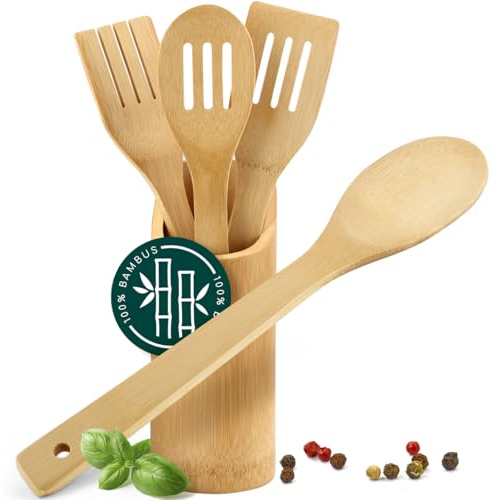 smartday Lot de 5 ustensiles de cuisine en bois - Ustensiles de cuisine avec support 100 % bambou - Ustensiles de cuisine en bois, cuillères en bois, cuillères en bois, spatule
