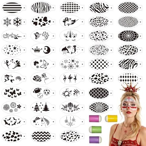 EAPIKON 44 Plantillas Pintacaras con 4 Esponjas de Dedo, Plantilla Pintura Faciales Cara para Niños Adulto, Stencil Corporal Infantil Reutilizables para Halloween Fiestas de Maquillaje Carnaval