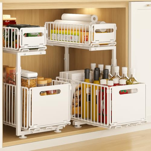 YunNasi Organizer Sottolavello Cucina Estraibile 2 Livelli Regolabile in Altezza Scorrevole Scaffale Sottolavello Portaoggetti in Metallo Portaoggetti Sotto il Lavello per Bagno(Bianco-2 Pezzi)