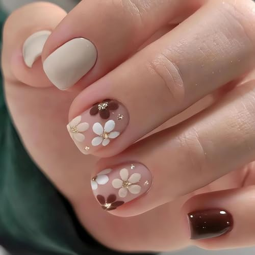 GlamRays 24 Stück Gold Margerite Aufkleber Nägel Aufkleber Nägel Kurze Quadratische Falsche Nägel Extra Kurz Frühlings Falsche Nägel Glänzende Gel Acrylnägel