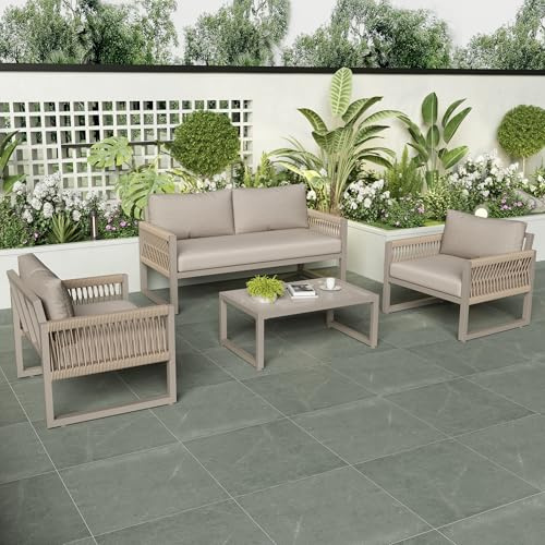 Gartenmöbel Lounge Set 4-TLG für 4 Personen, Lounge Möbel Outdoor mit 1 Sofa, 2 Stühle und 1 Tisch, Gartengarnitur Sitzgruppe Outdoor aus Eisen Gestell und Seil, Gartensofa Set, Khaki