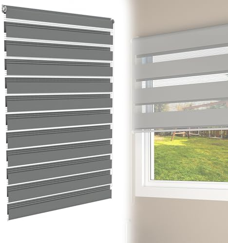 YRHome Grau Doppelrollo Klemmfix ohne Bohren B120 x H220 cm Klemmrollo Zebrarollo Fensterrollo Seitenzugrollo für Fenster & Türen mit Seitenzug Sonnenschutz UV-Schutz Privatschutz lichtdurchlässig