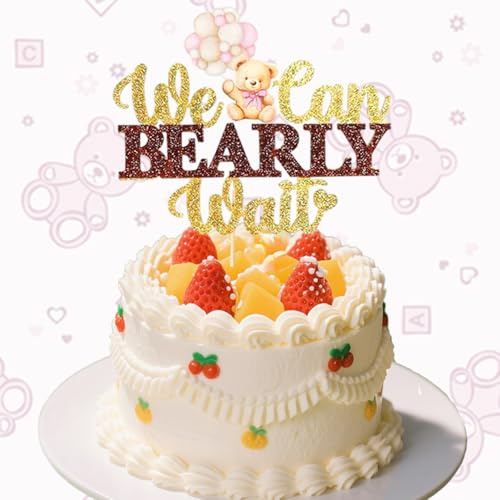 Cake Toppers, Baby Shower Cake Topper, Baby Shower Cake Decorations, HSC Bear with Pink Balloon We Can Bearly Wait Cake Topper for Gender Reveal, Kids Birthday Party, Baby Showers Decoration