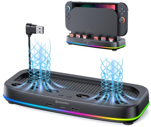 NEWDERY Cooling Fan for Nintendo Switch 2 (2025), Switch 2 Cooler Dock with 9 RGB Modes, 6 Game Card Slots & 3 USB Ports, Dual Fans with 3-Speed Adjustment