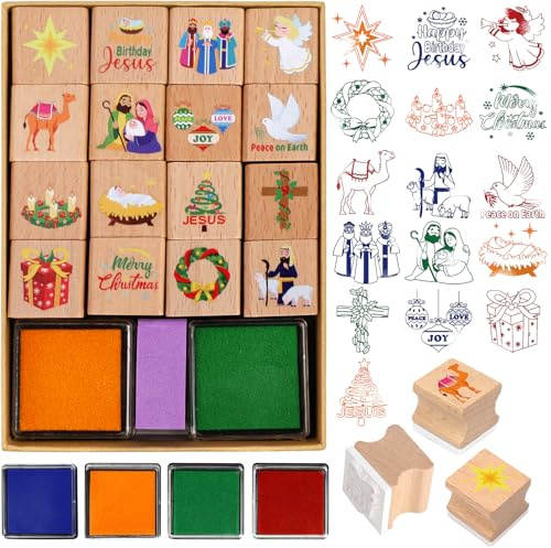 DPKOW Krippe Weihnachten Stempel für Kinder Basteln Geschenk, Hölzern Stempel für DIY Karte Scrapbooking Christliche Weihnachten Beschäftigung Kinder Weihnachtskrippe Gadget, mit Stempelkissen