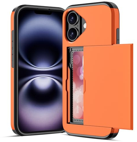 ACOCOBUY for iPhone 16 Case with Card Holder Sliding Cover Hidden Pocket IDs Credit Cards Slot Heavy Duty Shockproof Protective Dual Layer Wallet Phone Cover Back Shell for Men Women 6.1 inch Orange
