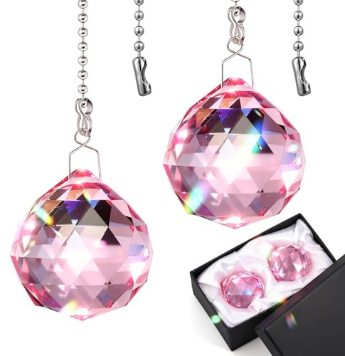 LemonRoad 2 Pcs Crystal Prism Ball 40 mm Suncatcher with Chain Hanging Rainbow Pendants Prism for Windows Gift Feng Shui(Pink)