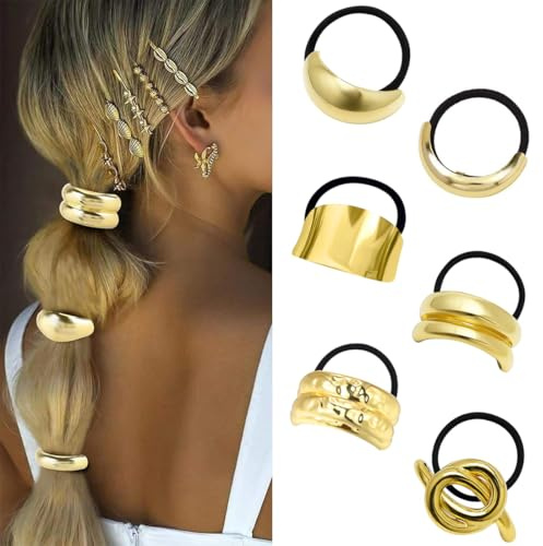 JYNXOR 6 pcs gomas para el pelo para cola de caballo, puño de metal dorado, Cinta Elástica Atacaño para el Pelo, para coletas doradas, gomas para el pelo punk, para accesorios de cabello finos