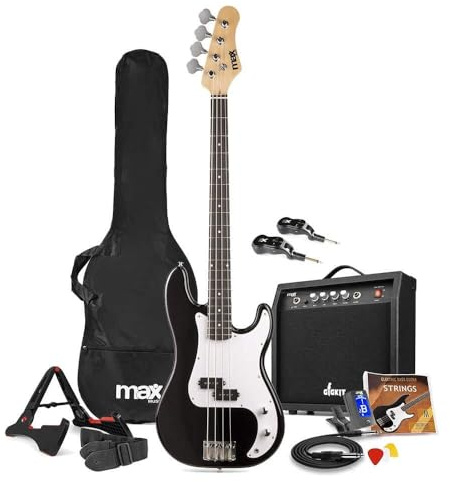 MAX GigKit Bassgitarre Set, Inkl. Sender & Empfänger, E Bass Gitarre, Bass Guitar mit Gitarrenverstärker, Tasche, Stimmgerät, Plektren, Ständer, Gurt, Kabel und Ersatzsaiten - 21 Bünde - Schwarz