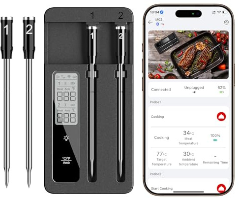 Smart Wireless Meat Thermometer with Dual Probes, Bluetooth & WiFi Combo, High Precision & Fast Response for BBQ, Grill, Smoker, Oven, Air Fryer