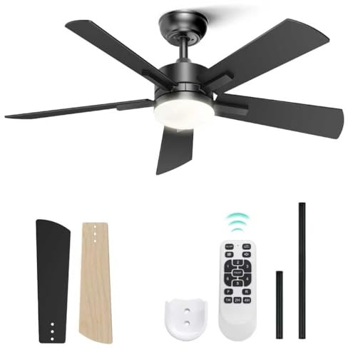 Pureglow 42'' Deckenventilator mit LED Licht, 5 reversible ABS-Flügel, leiser 6-Stufen DC-Motor, 3-Farbtemperaturen dimmbar, Memory & Timer, umkehrbarer Luftstrom für Schlafzimmer – Energieklasse A