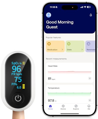 Bluetooth Pulse Oximeter Fingertip, Smart Blood Oxygen Saturation Monitor with App for Sports & Aviation, Accurate SpO2 & Heart Rate Reader with Full OLED Screen, Perfusion Index, Batteries Included