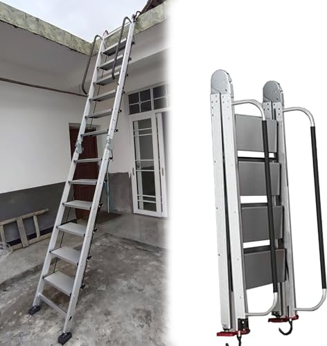 Échelles de Toit Pliables avec pédale Large, marches d'escalade avec Pieds antidérapants réglables, échelle de Secours en Aluminium de 8 à 14 marches (11 marches-320 cm (126))