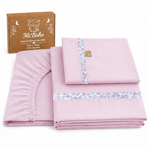 Mi Búho, Sabanas Cuna 60x120 Algodon, Juego Completo 3 Piezas. Rosa | Bajera ajustable, encimera y funda de almohada, tejido 100% algodón suave, confeccionado en España