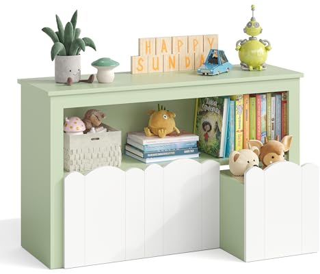YOUDENOVA Kinderregal mit 3 Boxen & Rollen, 102,2x33x61,5 cm Premium Spielzeugaufbewahrung und Bücherregal aus Holz, Modernes Kindermöbel für Bilderbücher & Spielzeug, Sicher & Stabil, Grün