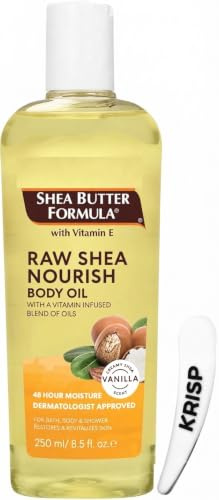 Premium Shea Butter Formula Raw Shea Nourish Body Oil with Vitamin E, 250ml - Deep Moisturizing & Hydrating Body Oil for Dry Skin, Bath, Shower & Massage.(With Cosmetic Spatula)