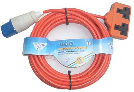 5 metres 16 A Ceeform Plug to 13 A Double Socket Arctic Caravan/Camping Mains Hook Up Cable - Orange