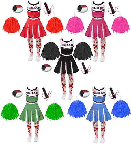 Zombie-Kostüm für Mädchen, Zombie-Cheerleader-Kostüm, Schwarz, inkl. Strumpfhose, Pompons, Kunstblut und Gesichtsfarbe (Größe: S)