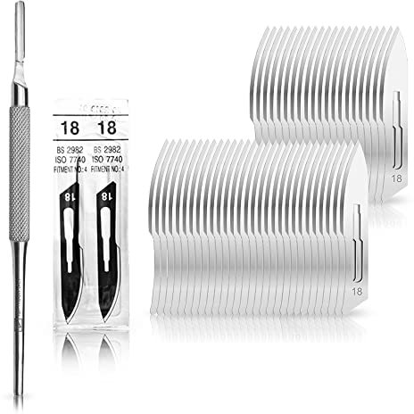 Set avec 10 x lames de scalpel N° 18 - Lame stérile en acier au carbone et 1 x May - manche de scalpel Figure N° 4 avec manche rond en acier inoxydable