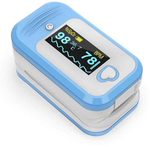 MEDLINKET AM801 5-in-1 Pulse Oximeter, FSA/HSA Eligible Oxygen Monitor Fingertip for Home Use, Measures Blood Oxygen, Temperature, PR, PI, Plethysmograph, OLED Display, with Storage Pouch & Lanyard