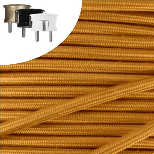 Textilkabel, Stoffkabel, Verlängerung 3 METER Farbe Gold 3 adrig 3 x 0,75 mm² rund wahlweise mit Schukostecker (3 mtr. Schukostecker Rund gold)