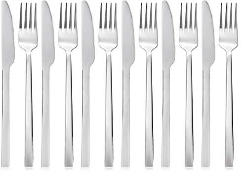 QUCHER 12 Stück 18/8 Besteckset aus Edelstahl, 6 × Tafelmesser - 6 × Gabel, pflegeleicht und spülmaschinenfest