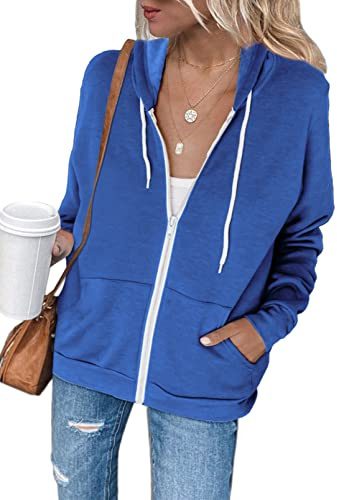 Uusollecy Damsweatjacka, huvtröja, sweatjacka, pullover, toppar, huvtröja, enfärgad, full dragkedja, avslappnad huvtröja, sweatshirt, A-mörkblå, XXL