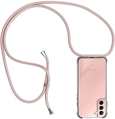 Casecool Handykette Hülle kompatibel mit Samsung Galaxy S21 5G / 4G, Handyhülle Handy Necklace Hülle mit Band Schutzhülle Kordel zum Umhängen Transparent Weich TPU Silikon Tasche, Rosé Gold