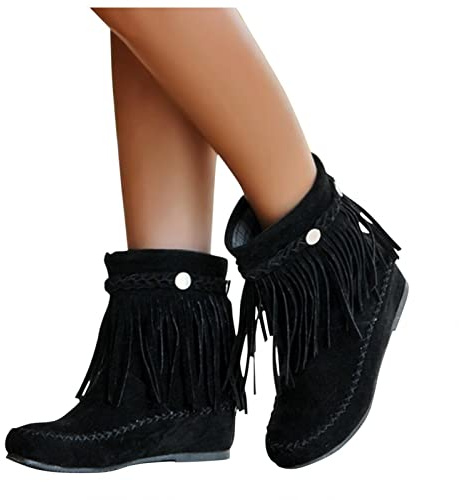 Damen Stiefeletten,Westernstiefel Veloursleder Niedrige Absätze Fransen Stiefel,Damen Flache Stiefeletten mit Fransen Ankle Boots Retro Herbst Winter Schuhe