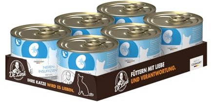 Dr. Link Spezial-Diät Katzenfutter für Katzen und Kater, Nieren, Proteinquelle Huhn & Lachs – Premium-Diät-Alleinfuttermittel, mit Omega-3 Fettsäuren, Unterstützung der Nierenfunktion – 6x200g Dose