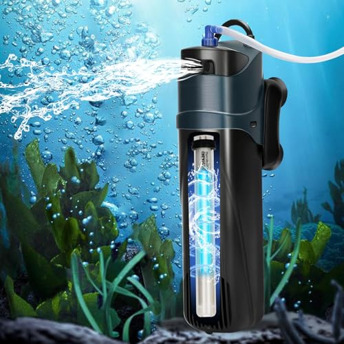 Sun JUP-02 Aquarium Filter for 10-40 Gallon Fish Tanks, 4-in-1 U-V Filter for Aquarium Tank, Green Water Killer Filter, Submersible Aquarium Pump, 5W 132 GPH，Including 2 Filter Sponge Replacement