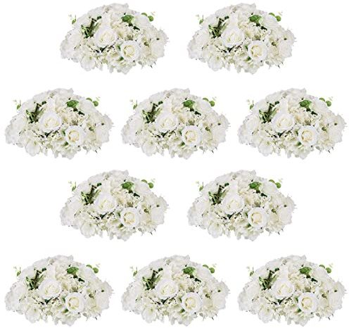 NUPTIO Flower Ball Arrangement Bouquet - 10 Pcs 15.7 inch Diameter White Fake Flowers Roses Balls for Centerpieces Tables - Artificial Rose Arrangements for Wedding Centerpiece Table Decorations