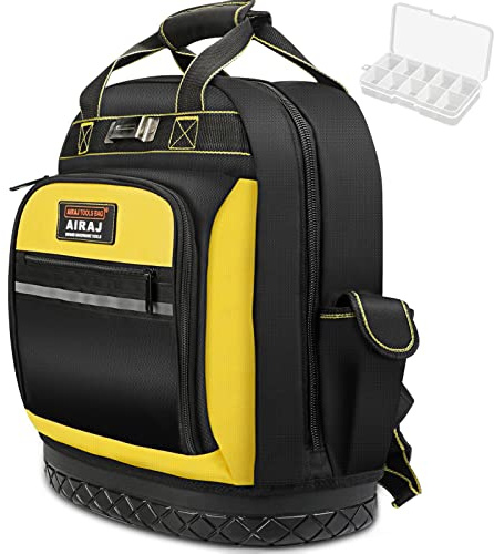 AIRAJ Tool Bag with Molded Hard Waterproof Bottom and Waist Support, Heavy Duty Tool Backpack for Electricians, Plumbers, Construction Workers