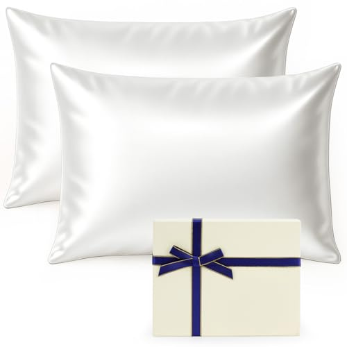 tenn well 2 Pack Mulberry Silk Pillowcases for Hair and Skin, Both Sides 100% Pure Silk Pillowcase 19 Momme Soft Smooth Pillow Case with Hidden Zipper (Standard 51 x 76cm, White)