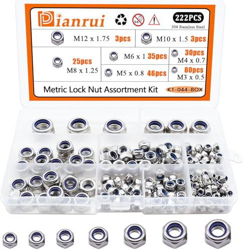 Dianrui 222Pcs Metric Lock Nuts Assortment Kit, 304 Stainless Steel Locknuts, Nylon Insert Hex Locknut M3 M4 M5 M6 M8 M10 M12 for Lock Washers